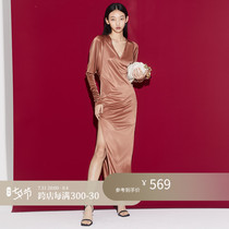 Z boss light and breathable acetate dress dress feminine with lazy wind V collar design open fork scoreless machine even dress lady