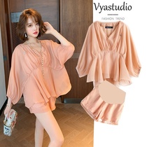 Pregnant womens summer fashion trendy mother check out net red summer casual clothes temperament shorts set two-piece set