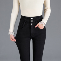 High-waisted stretch jeans womens spring and autumn 2021 New slim tight-fitting black high-waisted pants tide summer