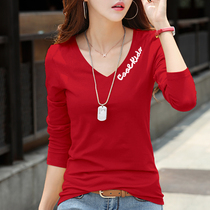 Long-sleeved T-shirt womens slim V-neck top spring and autumn new 2021 Korean version of all-match bottoming shirt tight T-shirt inner match