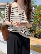 Ice Silk Black-and-white Striped Polo Collar Short Sleeve Needles Weaselwear T-Shirt Womens Summer Thin New Vintage Loose Blouse Women