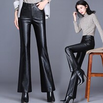 Tide brand autumn and winter 2020 new all-match leather pants womens high waist Korean version of thin flared pants plus velvet outer wear micro-flared trousers