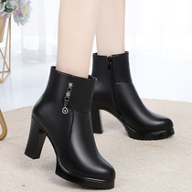 Lady High Heel Short Cylinder Woman Boots Autumn Winter Rough Mid Heel Genuine Leather Plus Suede Short Boots Woman Midyear Warm Wool Mom Cotton Shoes