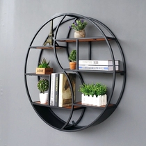 European living room wall hanging wrought iron storage rack retro creative solid wood bookshelf partition wall decoration round display rack