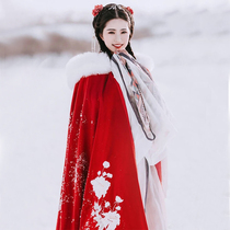 Hanfu cloak womens winter cashmere ancient style hair collar Chinese style red and white thickened cloak Chinese style ancient costume students