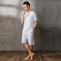 Summer men Modale plus hypertrophy short sleeves in pants pyjamas suit thin striped casual home clothes can be worn out