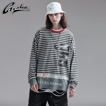 GUUKA black striped long sleeve T-shirt male trending student hip hop retro stitching cotton print long T-shirt loose