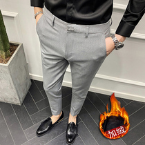Autumn and winter padded velvet warm trousers mens casual pants slim leg pants Korean trend straight mens pants
