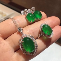 Natural chalcedony green chalcedony white chalcedony ring earrings pendant three sets S925 silver inlay womens fashion accessories