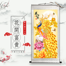 Flowers open rich and expensive peacock Xuan Guanguan Vertical version Living room Book room Office Decoration painting Scroll Painting Scroll Xuan Paper Micro Spray