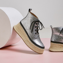 Hemp-bottom Muffin short boots female Joker 2021 autumn and winter new leather lace-up thick-soled Martin boots heels plus velvet boots