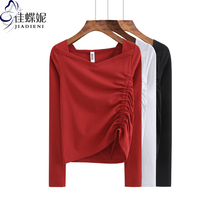 Spring and Autumn V neck hem drawstring inside cotton slim long sleeve base shirt coat womens solid color T-shirt Net Red