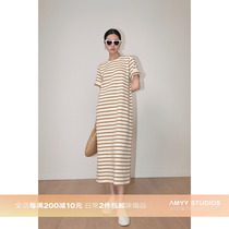 Amyy Studios imports 1OO% Sea islands cotton display slim right sleeve cage trendy sloth Bprepare striped T dress