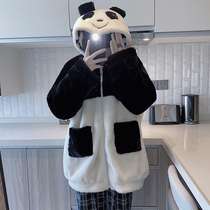 Winter Harbor Wind plus suede thickened Two sides wearing cartoon panda cotton clothes mens lamb wool jacket lovers cotton padded jacket white