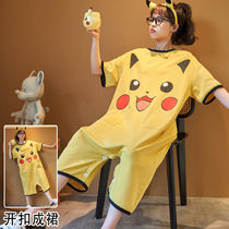 Super cute pajamas women summer short sleeve student cotton long nightgown plus size