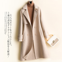 Heavy herringbone pattern slim long double-sided cashmere coat womens woolen jacket suit collar pure wool coat