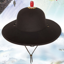 Ming Hanfu Mens brocade clothing Wei Mao Black large round hat round neck robe Adult Martial Arts Swordsman accessories Flying saucer helmet
