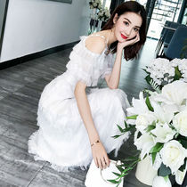 Harness One-piece Dress Streaming Sudew Shoulder Skirt Fairy Dress 2021 Summer New Small Fresh Lace slim Super Fairy long dress