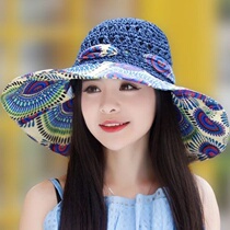 Womens summer Korean version straw hat big edge cool hat Hollow beach hat Big cornice hat Foldable visor sun hat