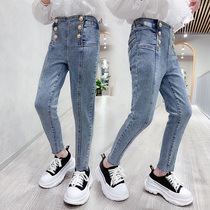 Girls Jeans Stretch Slim Tong Spring and Autumn Pants Middle School Students Pencil Pants Pencil Pants Small Foot Pants Double-breasted