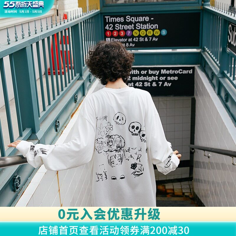 Fool tide society KTDA two-color hand-painted fun graffiti long-sleeved t men and women couple loose national tide brand sweatshirt thin section