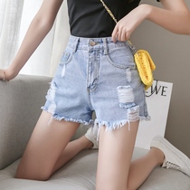 Light-colored denim shorts womens summer New wear Korean version of slim burrs and holes loose wide legs a-shaped hot pants high waist