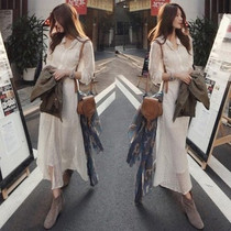 South Korea 2021 new Korean version of the small fragrance slim-fit base long-sleeved lace dress temperament long dress womens clothing