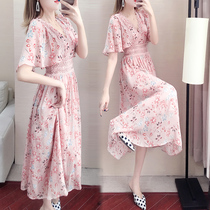 French Chiffon dress womens 2021 summer new waist temperament super Xian Sen department summer floral long dress