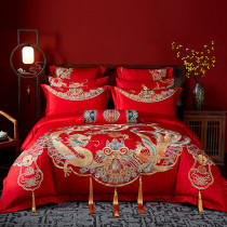 Chinese style wedding dragon and phoenix bed four-piece set big red embroidery cotton new wedding bed sheet duvet cover multi-piece set bz