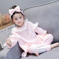 Pyjamas Girl 2020 New Korean Version Girls Home Suit Flannel Velvet Lace Long Sleeve Pyjamas Hair Stirrup