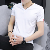 Short-sleeved T-shirt mens V-neck summer Korean slim cotton white wild match mens chicken heart collar half sleeve ice silk T-shirt