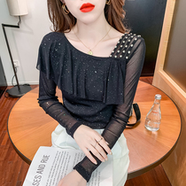 Handmade nail beads T-shirt woman long sleeve 2022 new stylish lotus leaf side blouses sexy mesh yarn undershirt woman autumn and winter