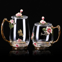 Creative enamel color water cup Household glass transparent tea cup female coffee cup set European-style flower tea cup gift