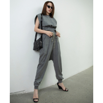 Z boss thin clothes flat shoulder irregular waist clothes T RO lace up cut thin clothes pants