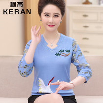  National style 2019 mother spring knitted sweater top middle-aged womens Chinese style bottoming shirt middle-aged and elderly T-shirt