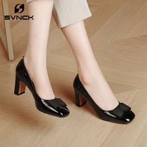 Single shoes womens high heel British square head leather shoes patent leather shallow shoes new womens shoes leather thick heel shoes WL0814