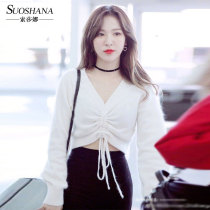 Spring female net celebrity Hong Kong wind Sun Chenghuan airport same drawstring short V-neck sweater shirt female Dili Reba Yang Michao