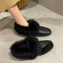 Korean version of fur shoes womens outer wear 2022 winter new net red plus velvet soft bottom comfortable slip-on peas shoes cotton shoes