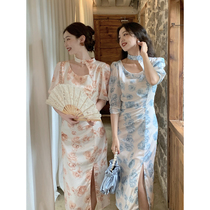 SYT State Wind Design Sensory Improvement Qipao Retro Great Flowers Tandem Dress Womens Summer High Waist Open Step Skirt