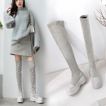 Sports elastic high-heeled boots childrens spring and Autumn 2020 new thick-soled muffin over-the-knee high boots genuine leather light gray