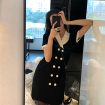 sandro bassa small fragrant wind knit one-piece dress 2020 Summer new double-row buckle temperament slim slim black dress