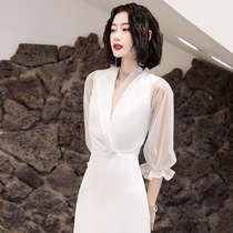 Evening dress female white high texture design sense temperament celebrity light luxury minority high-end banquet dress engagement