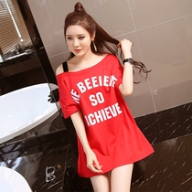 Summer new strapless medium long T-shirt women thin students suspender top letters oblique shoulder short-sleeved dress tide