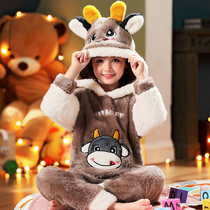  2021 new coral velvet pajamas for the year of the ox little girl children baby princess spring autumn and winter thickened home service suit