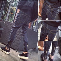spring and summer 2021 new jeans mens Korean version of the trend elastic drawstring zipper denim slim-fit pants halterneck pants