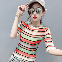 Europe and the United States tide brand 2021 summer women's new Hong Kong wind rainbow striped short sleeve T-shirt thin ice silk foreign style jacket