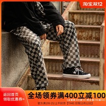 Original homemade black and white plaid jeans men wide legs loose straight hip hop bunches