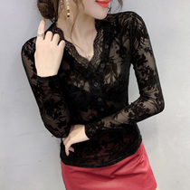 Undershirt Woman Long Sleeve 2021 Spring Autumn Dress Sexy Hollowed-out Lace Jersey With a Ocean Air Mesh Yarn Super-Fairy Perspective Blouse