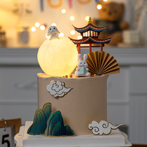 Mid-Autumn Festival Chinese style cake decoration auspicious cloud pavilion plug-in net red beautiful luminous moon lamp bunny ornament