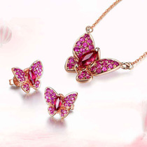 Marry Emulation Jewelry Red Gem Butterfly Full Zircons Pendant Rose Red Color Treasure Super Shiny Butterfly Romance Flower Suit